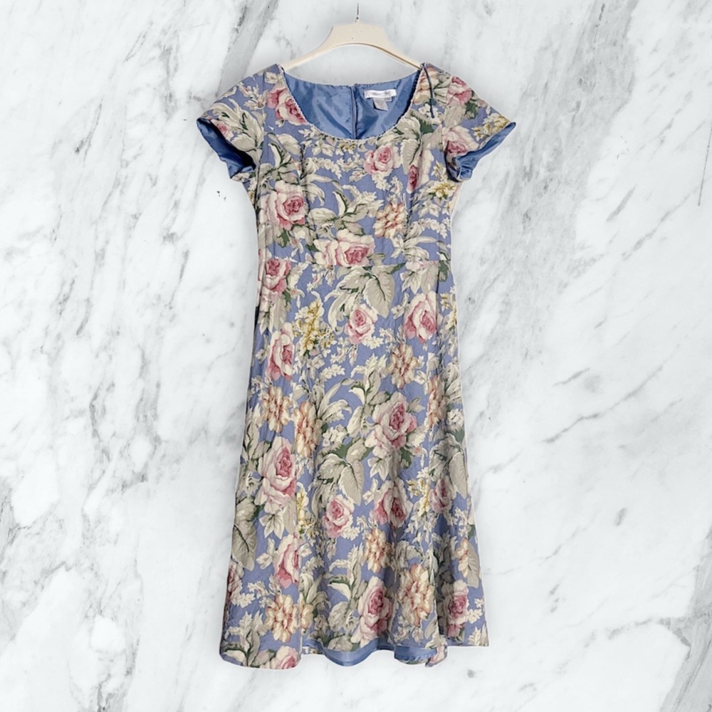 VINTAGE COLDWATER CREEK 👗 Blue Pink Floral Rose Print Dress w/ Waist Tie Lace